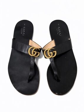 Gucci Black Leather Marmont Thong Sandals with Gold Hardware